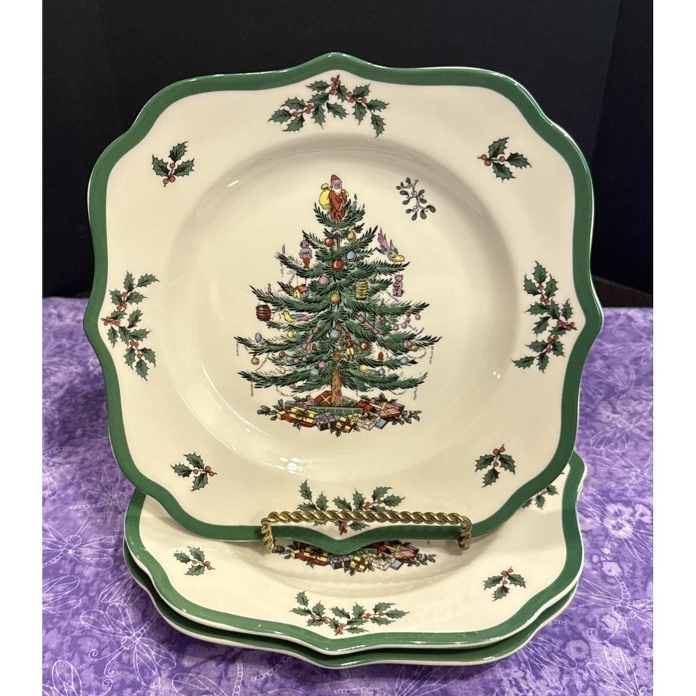 Spode Christmas Tree Square Salad Plates Plate 8.5 Inch Set of 3 S3324 Vintage